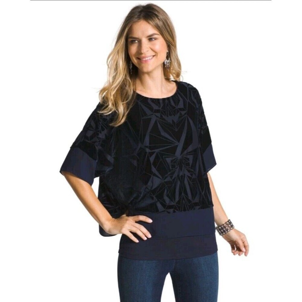 NWOT Chico's Navy‎ Blue Velvet Jacquard Two In One Tiered Blouse Sz 1 Medium 120